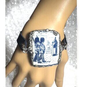 Blue Willow Nutcracker China Leather Bracelet With Silver Blend Bezel Artisanal